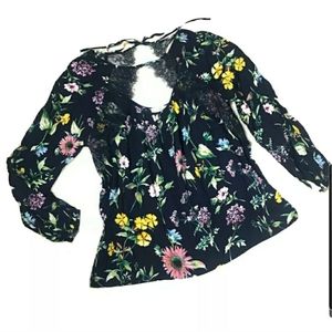 Entro floral navy long sleeve eyelash lace top M